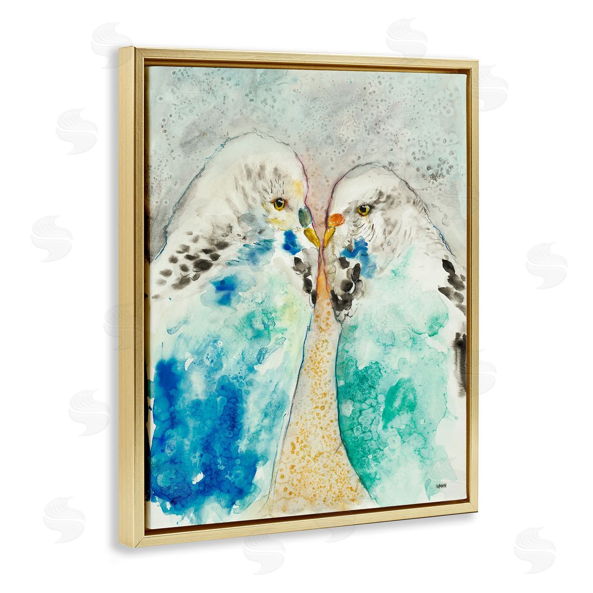 Patti Mann Pair Blue Parakeets Birds Dotted Watercolor Detail Gold Floating Frame Canvas Wall Art Print