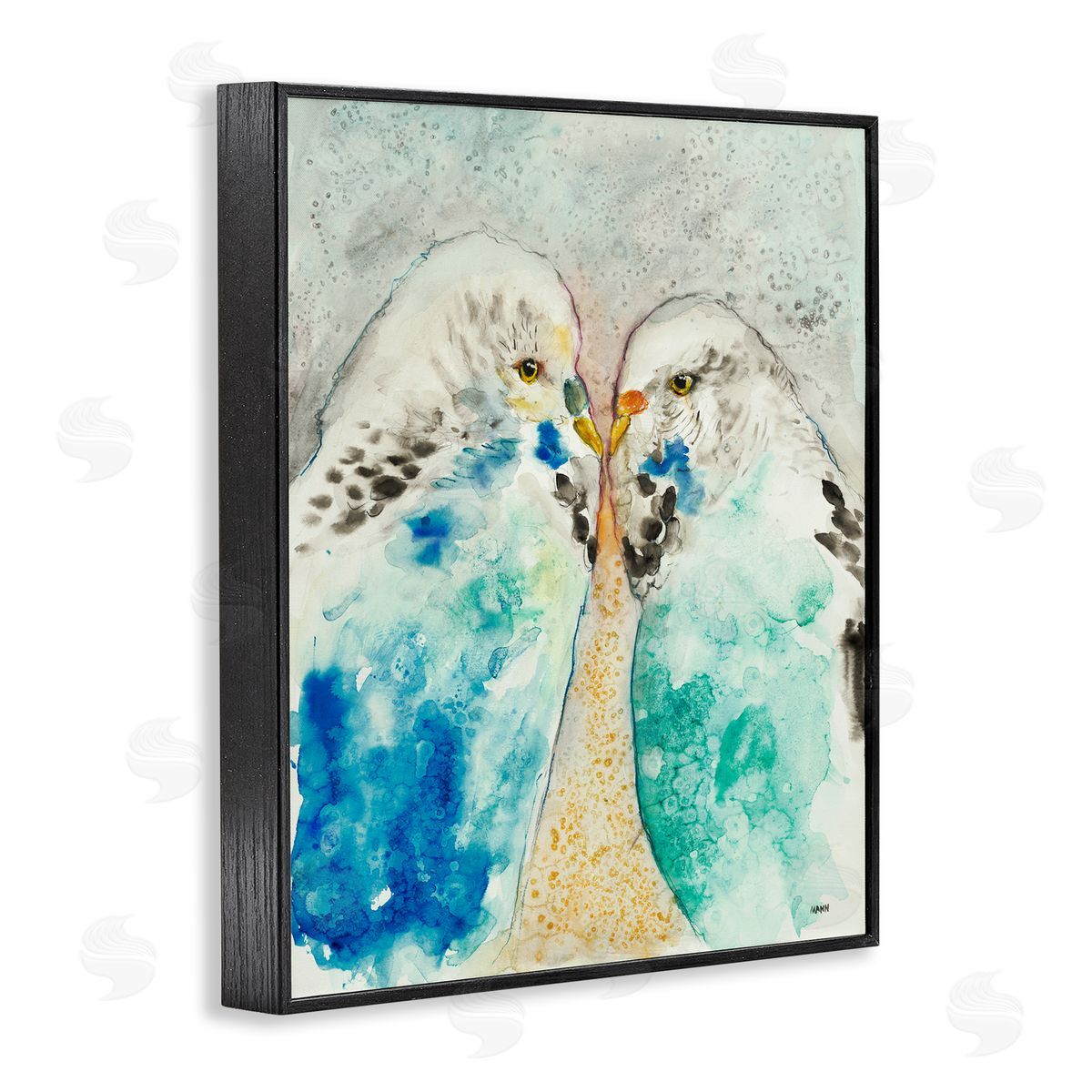 Patti Mann Pair Blue Parakeets Birds Dotted Watercolor Detail Black Framed Giclee Wall Art Print