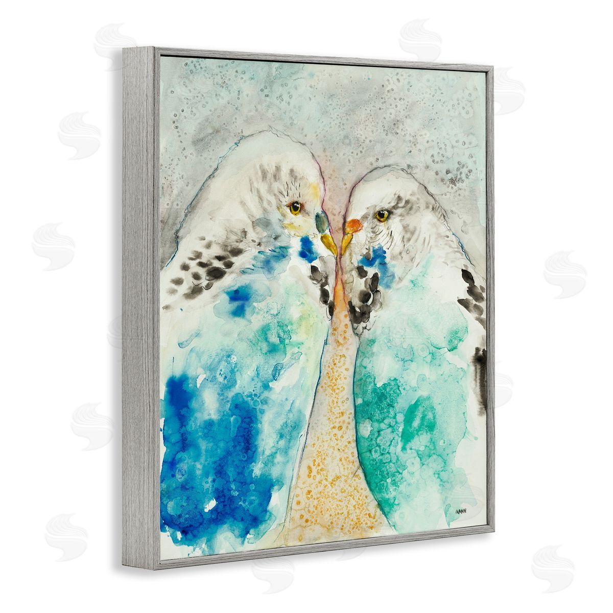 Patti Mann Pair Blue Parakeets Birds Dotted Watercolor Detail Gray Framed Giclee Wall Art Print