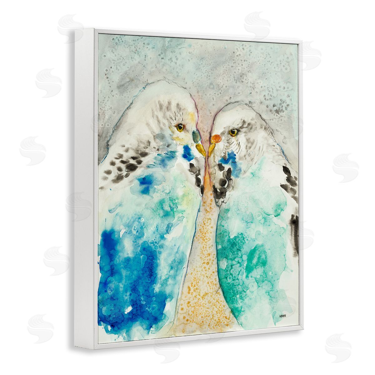 Patti Mann Pair Blue Parakeets Birds Dotted Watercolor Detail White Framed Giclee Wall Art Print