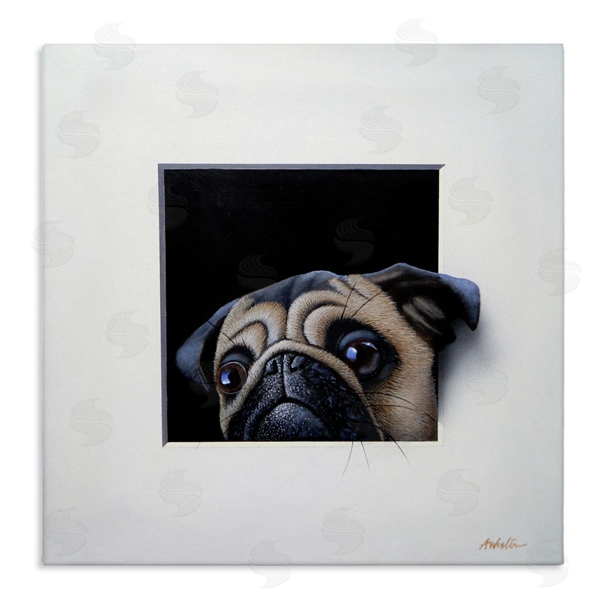 Alan Weston Pug Peeking Optical Illusion Square Detailed Painting Stretched Canvas Wall Art Print