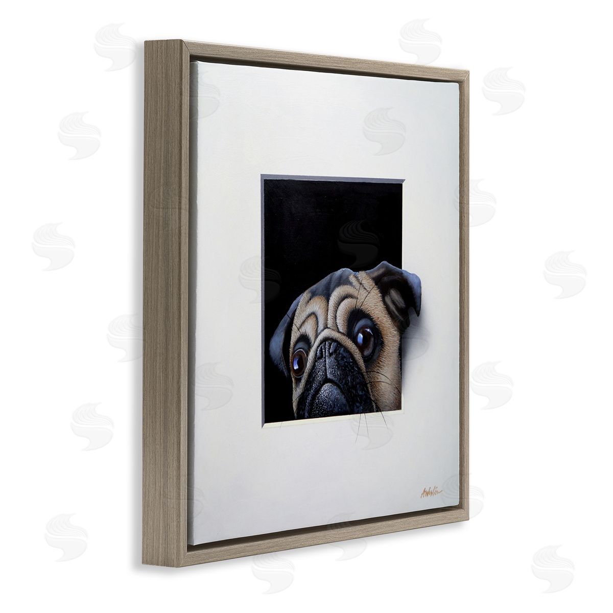Alan Weston Pug Peeking Optical Illusion Square Detailed Painting Brown Floating Frame Canvas Wall Art Print
