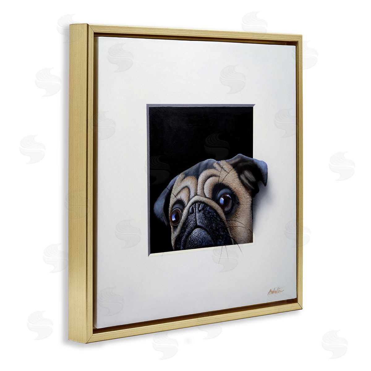 Alan Weston Pug Peeking Optical Illusion Square Detailed Painting Gold Floating Frame Canvas Wall Art Print