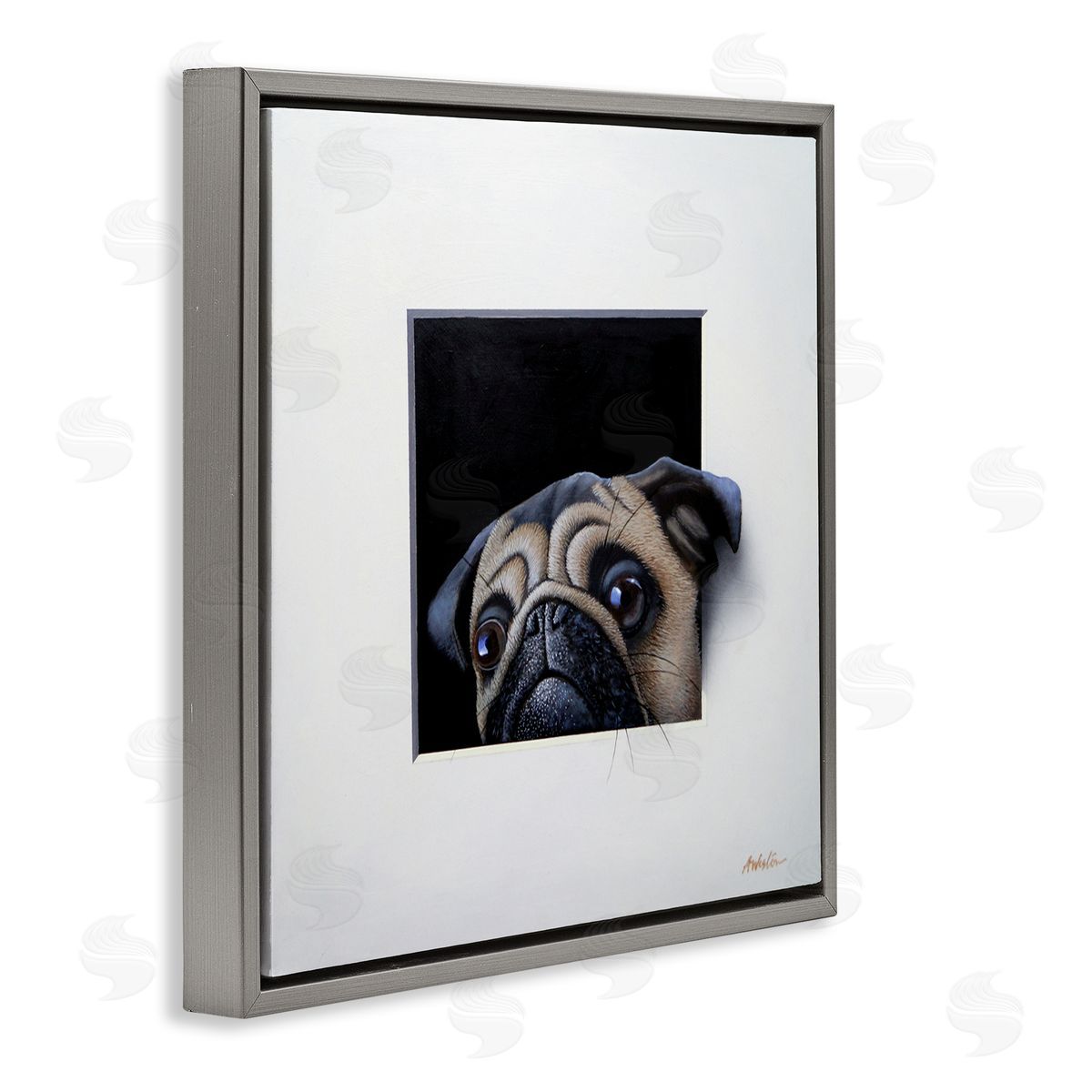 Alan Weston Pug Peeking Optical Illusion Square Detailed Painting Gray Floating Frame Canvas Wall Art Print