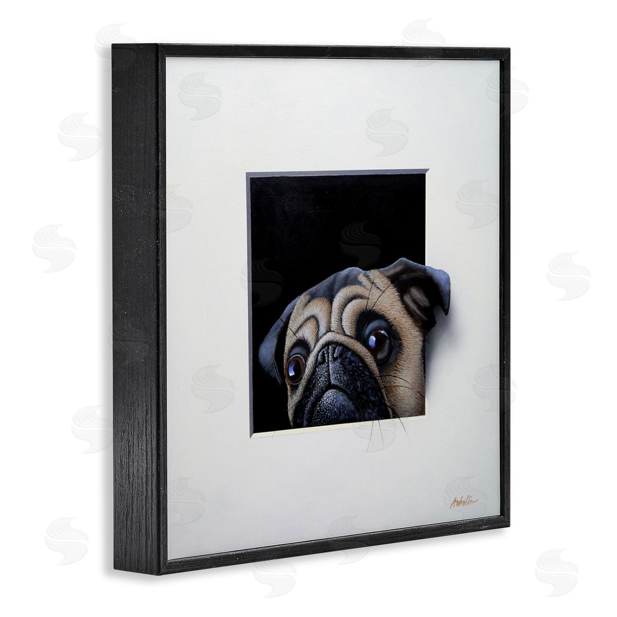 Alan Weston Pug Peeking Optical Illusion Square Detailed Painting Black Framed Glicee Wall Art Print