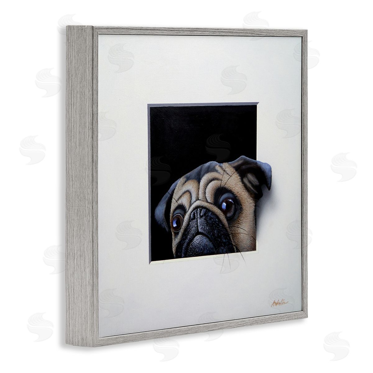 Alan Weston Pug Peeking Optical Illusion Square Detailed Painting Gray Framed Glicee Wall Art Print