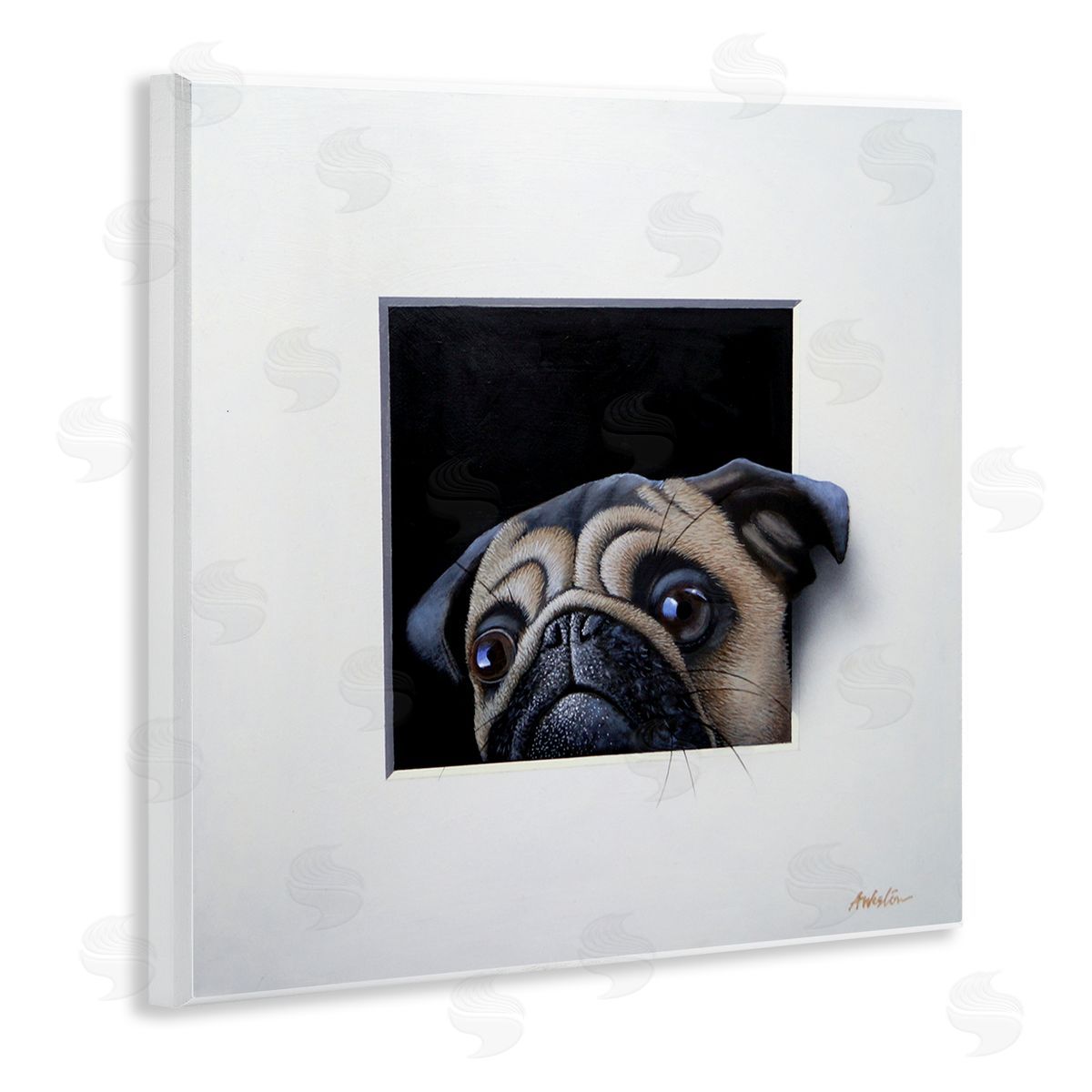 Alan Weston Pug Peeking Optical Illusion Square Detailed Painting Wooden Wall Plaque Art Print