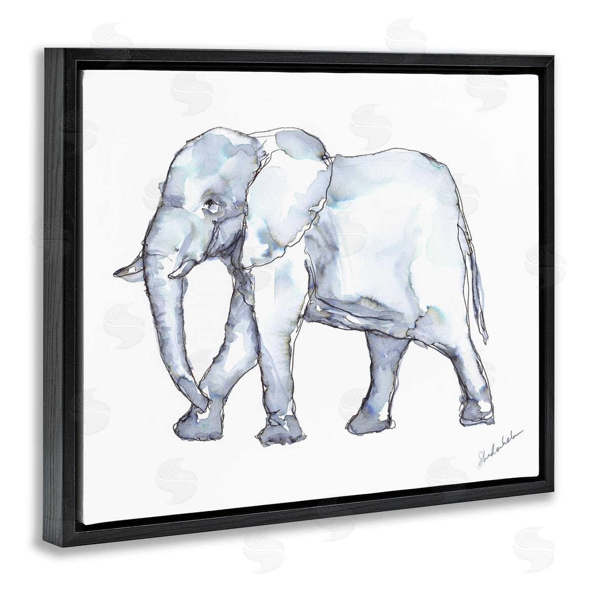 Kendra Shedenhelm Elephant Walking Casual Watercolor Sketch  Black Floating Frame Canvas Wall Art Print