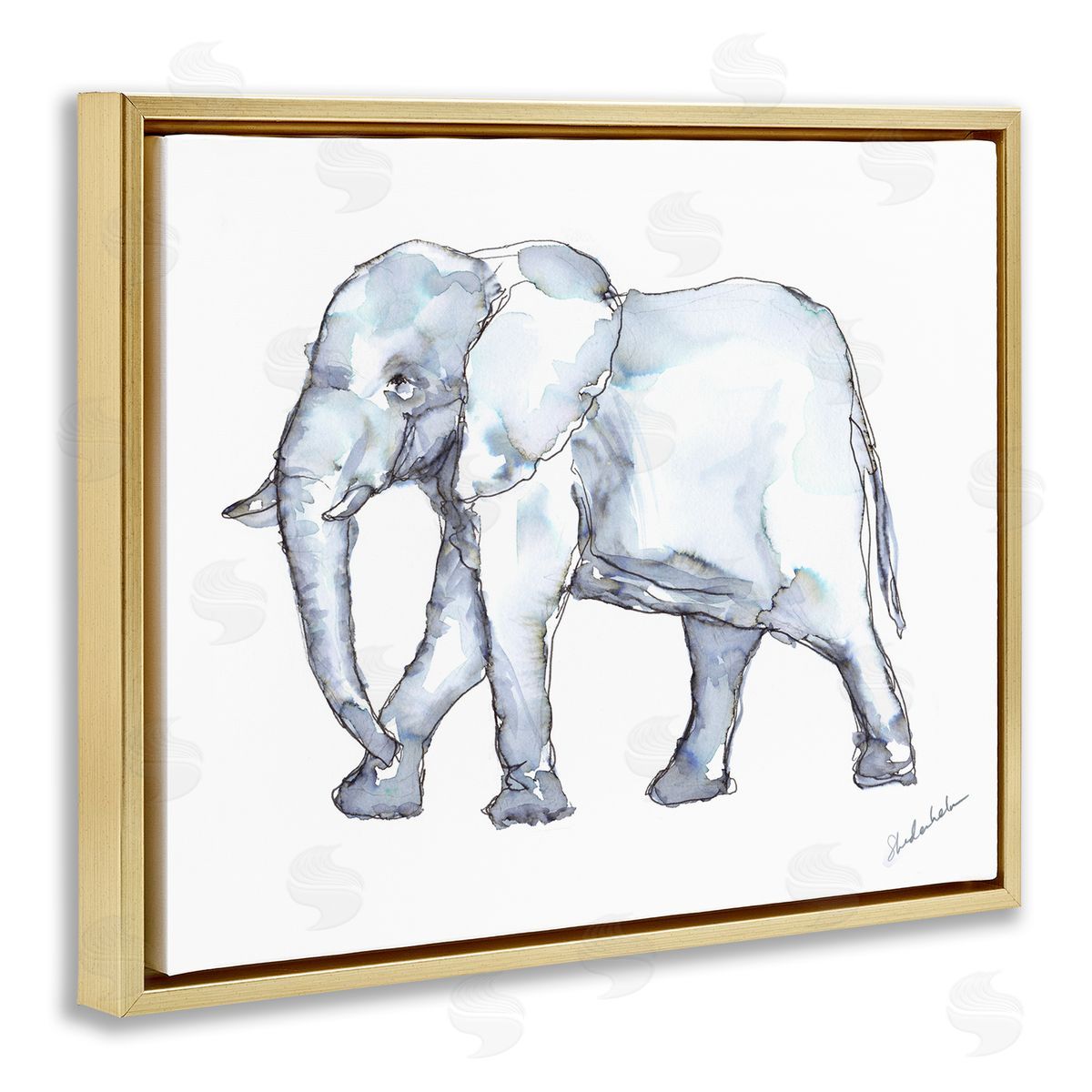 Kendra Shedenhelm Elephant Walking Casual Watercolor Sketch  Gold Floating Frame Canvas Wall Art Print