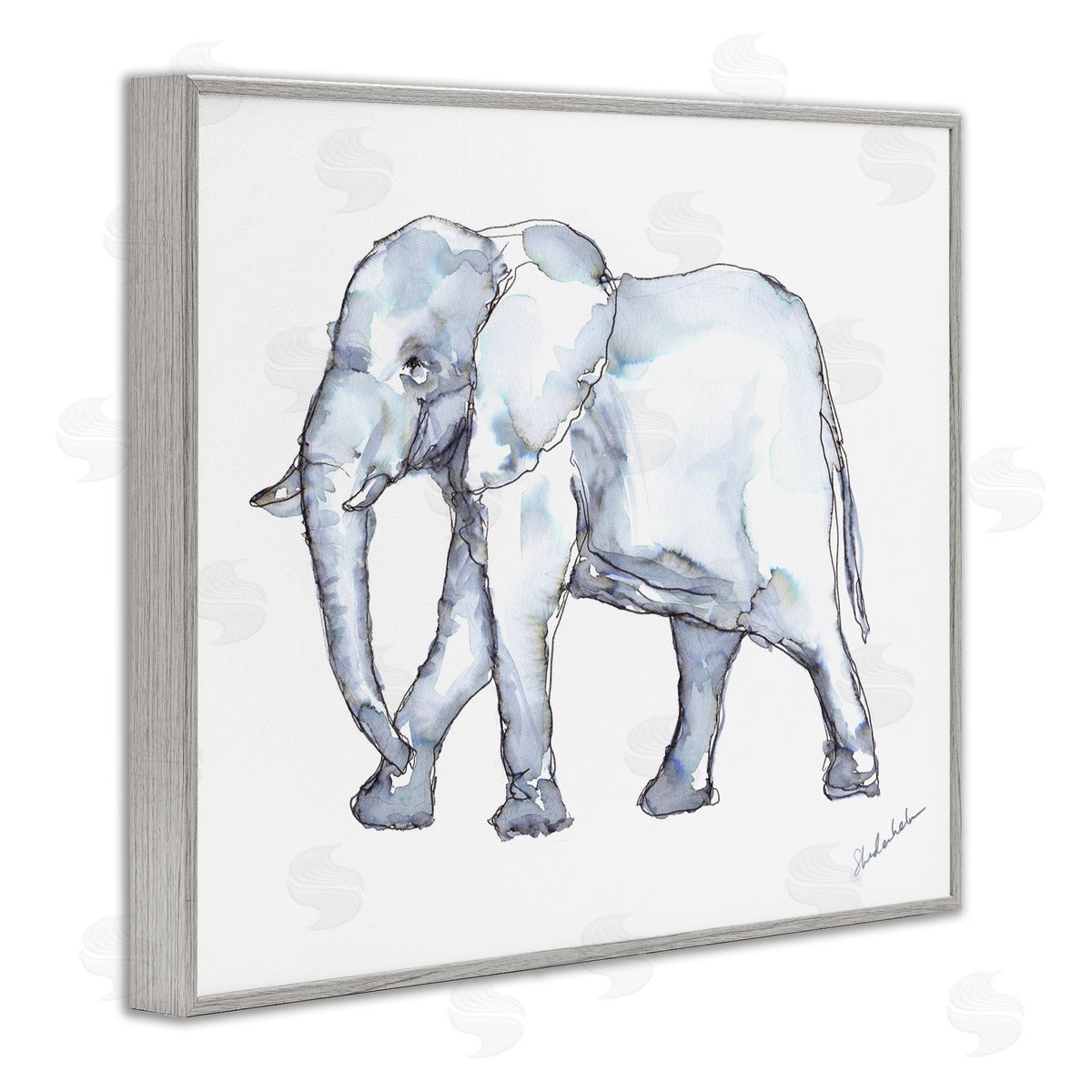 Kendra Shedenhelm Elephant Walking Casual Watercolor Sketch  Gray Framed Giclee Wall Art Print