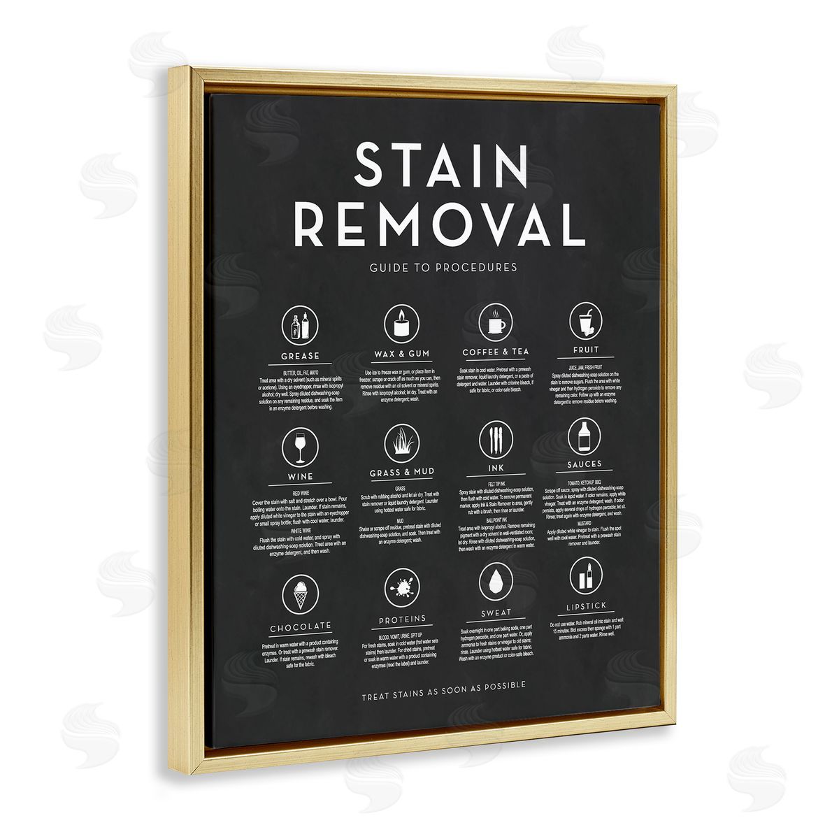 Lettered and Lined Various Stain Removal Procedures Laundry Diagram Chart  Gold Floating Frame Canvas Wall Art Print