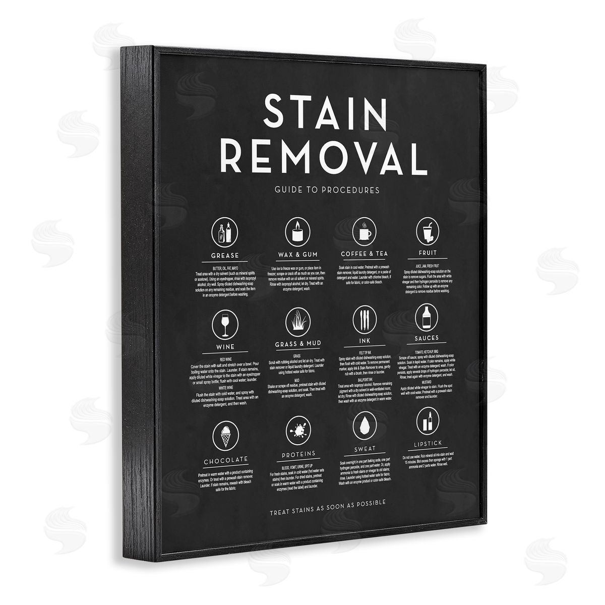 Lettered and Lined Various Stain Removal Procedures Laundry Diagram Chart  Black Framed Giclee Wall Art Print