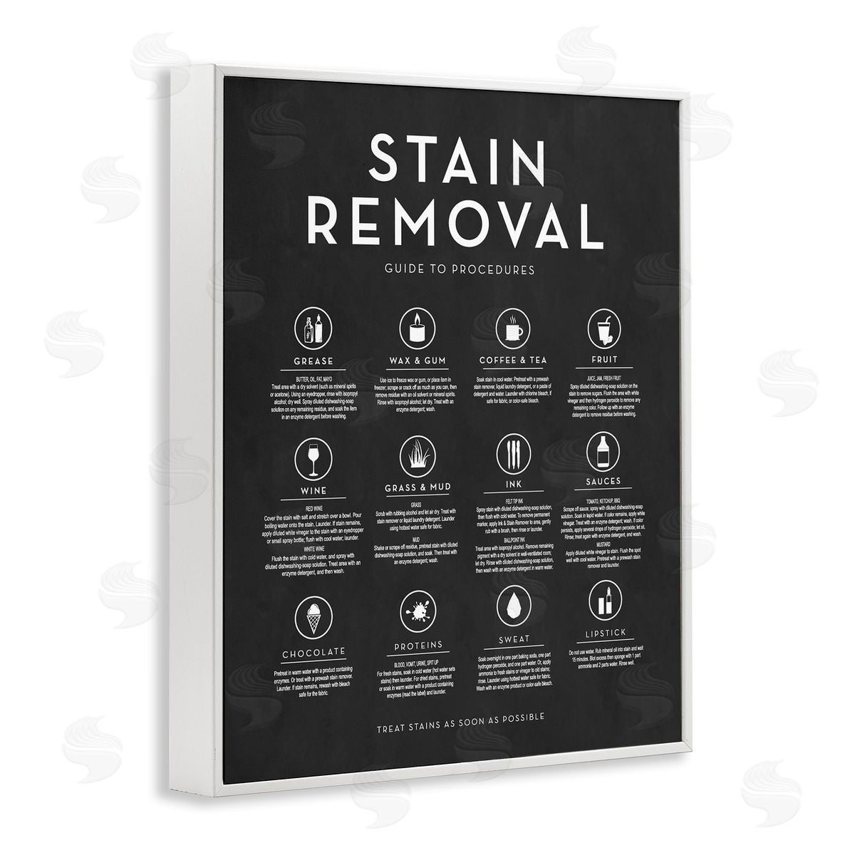Lettered and Lined Various Stain Removal Procedures Laundry Diagram Chart  White Framed Giclee Wall Art Print