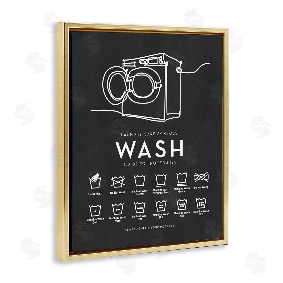 Lettered and Lined Laundry Care Symbols Diagram Washing Machine Chart Gold Floating Frame Canvas Wall Art Print