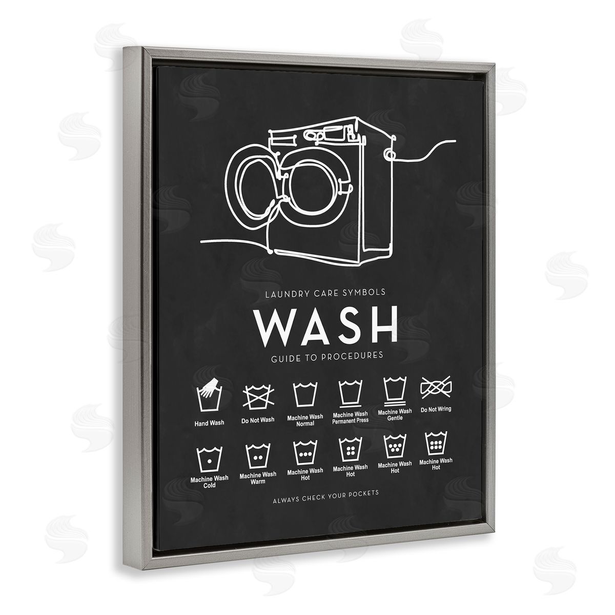 Lettered and Lined Laundry Care Symbols Diagram Washing Machine Chart Gray Floating Frame Canvas Wall Art Print