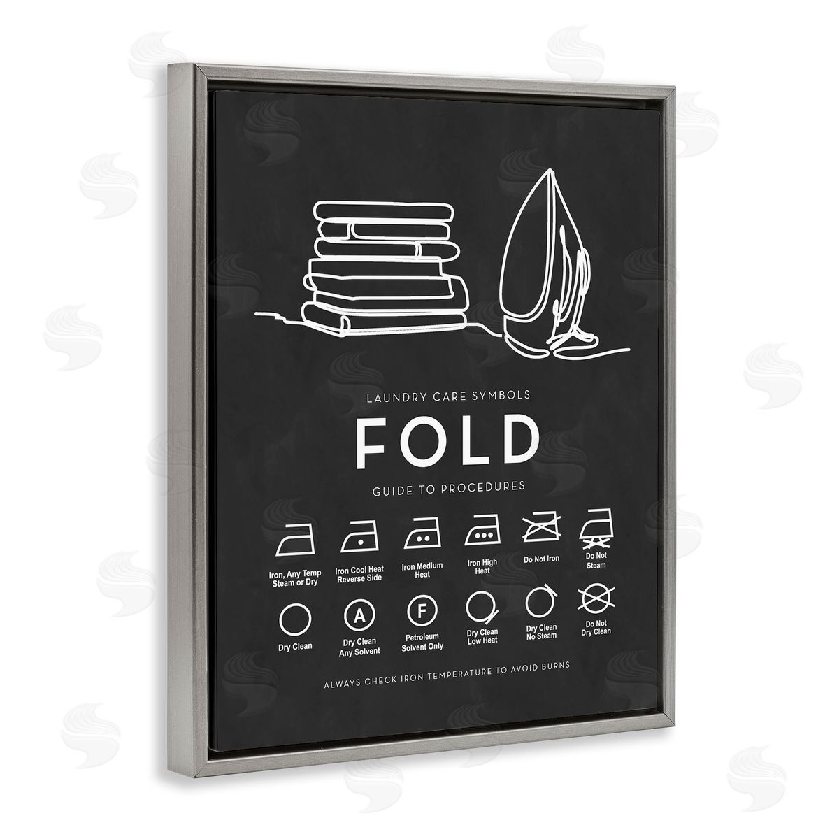 Lettered and Lined Laundry Diagram Symbols Chart Ironing Folding Guide Gray Floating Frame Canvas Wall Art Print