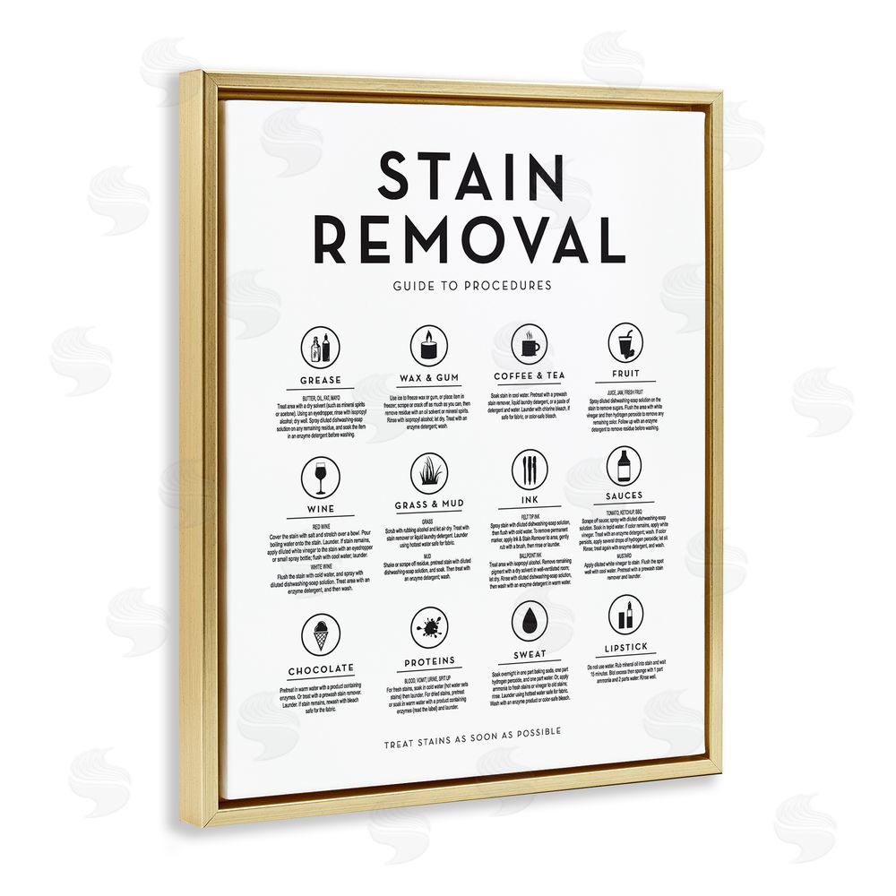 Lettered and Lined Laundry Stain Removal Guide Helpful Symbols Chart  Gold Floating Frame Canvas Wall Art Print