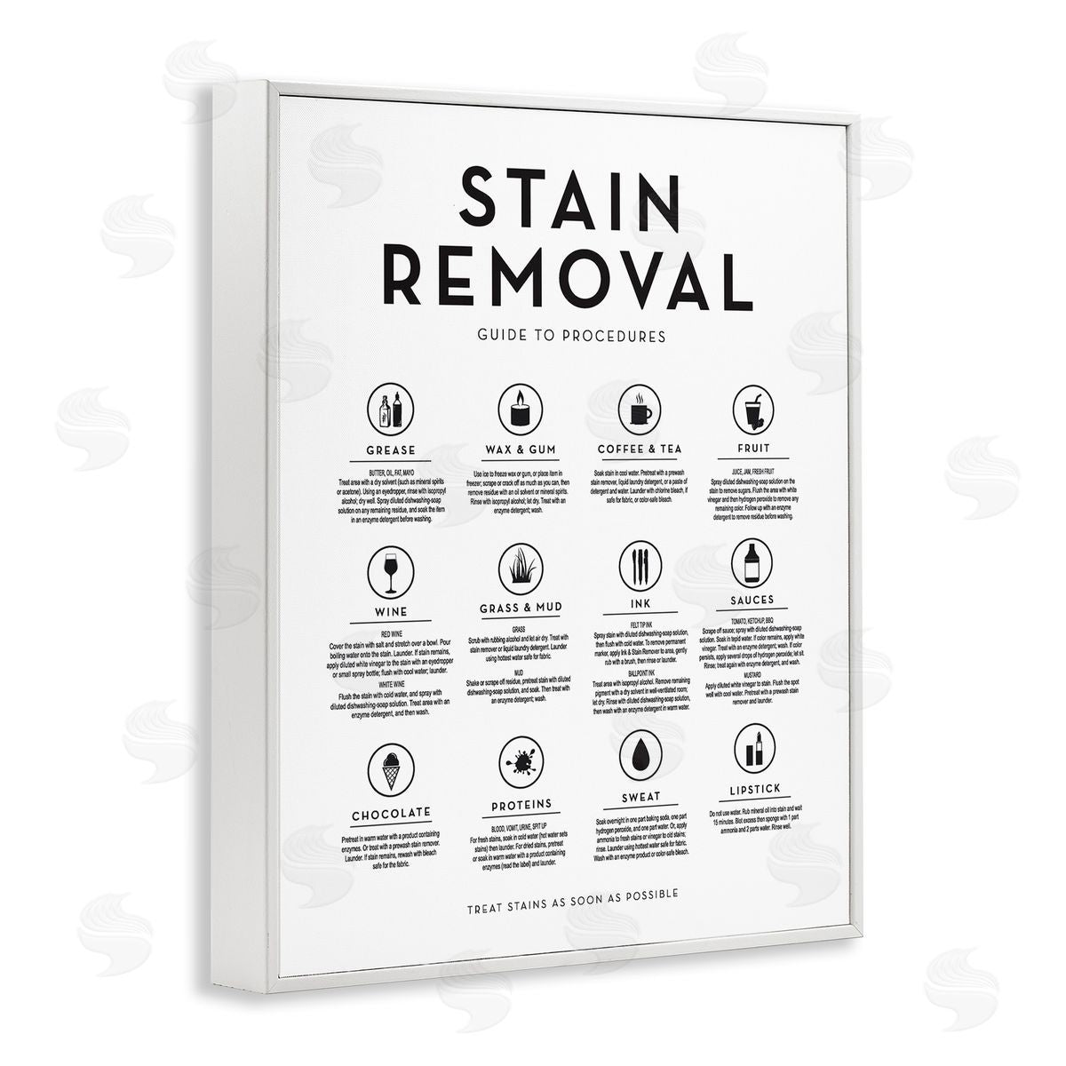 Lettered and Lined Laundry Stain Removal Guide Helpful Symbols Chart  White Framed Giclee Wall Art Print