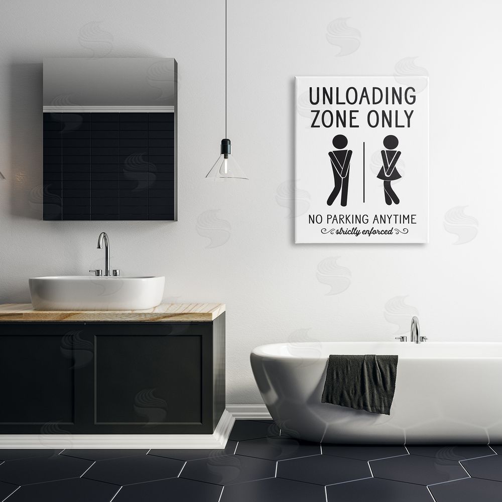 Lettered and Lined Unloading Zone Witty Bathroom Symbols Casual Sign Canvas Wall Art Print in Room