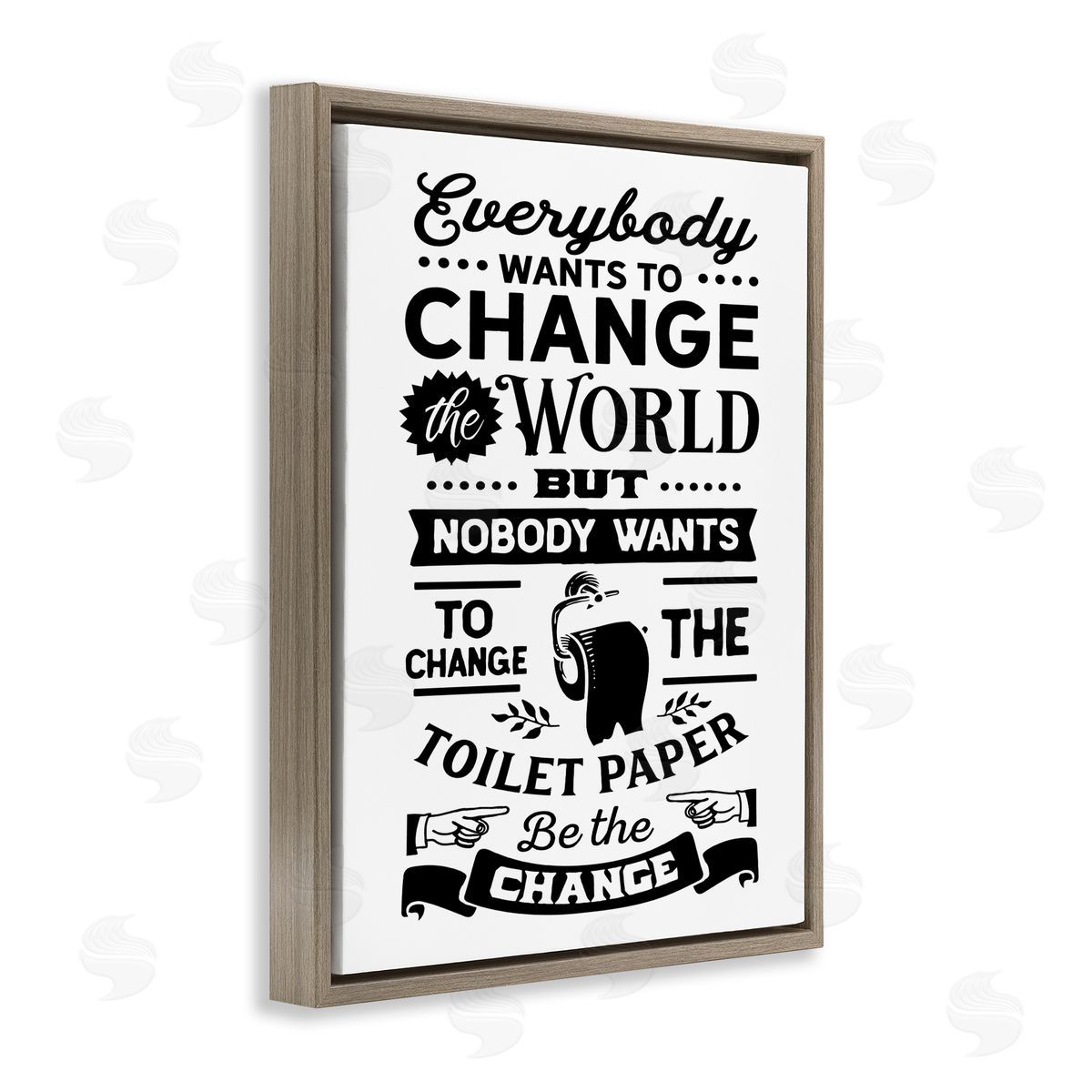 Lettered and Lined Be The Change Funny Toilet Paper Vintage Washroom Brown Floating Frame Canvas Wall Art Print