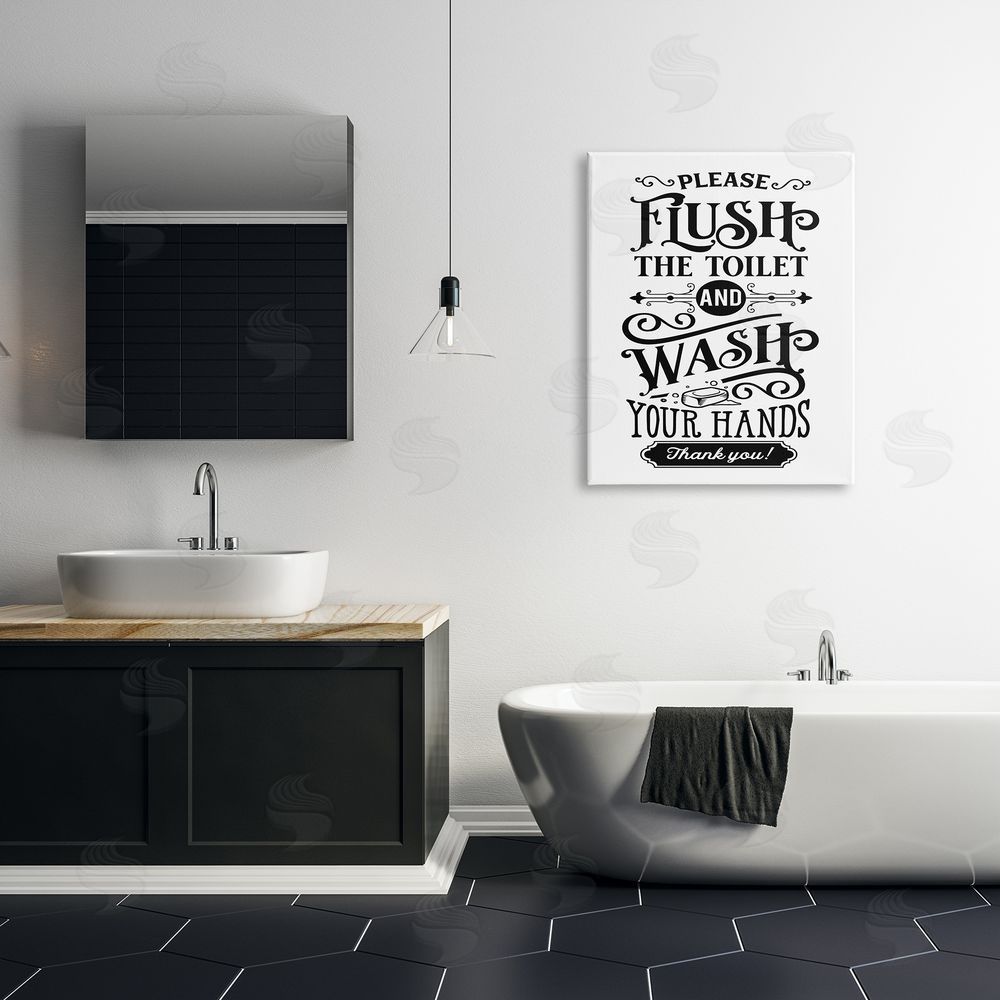 Lettered and Lined Flush & Wash Hands Vintage Text Typography Canvas Wall Art Print in Room