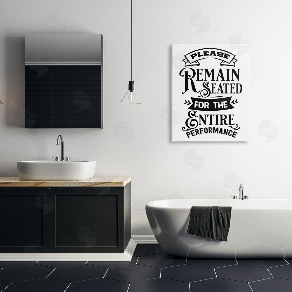 Lettered and Lined Please Remain Seated Humorous Vintage Bathroom Saying Canvas Wall Art Print in Room