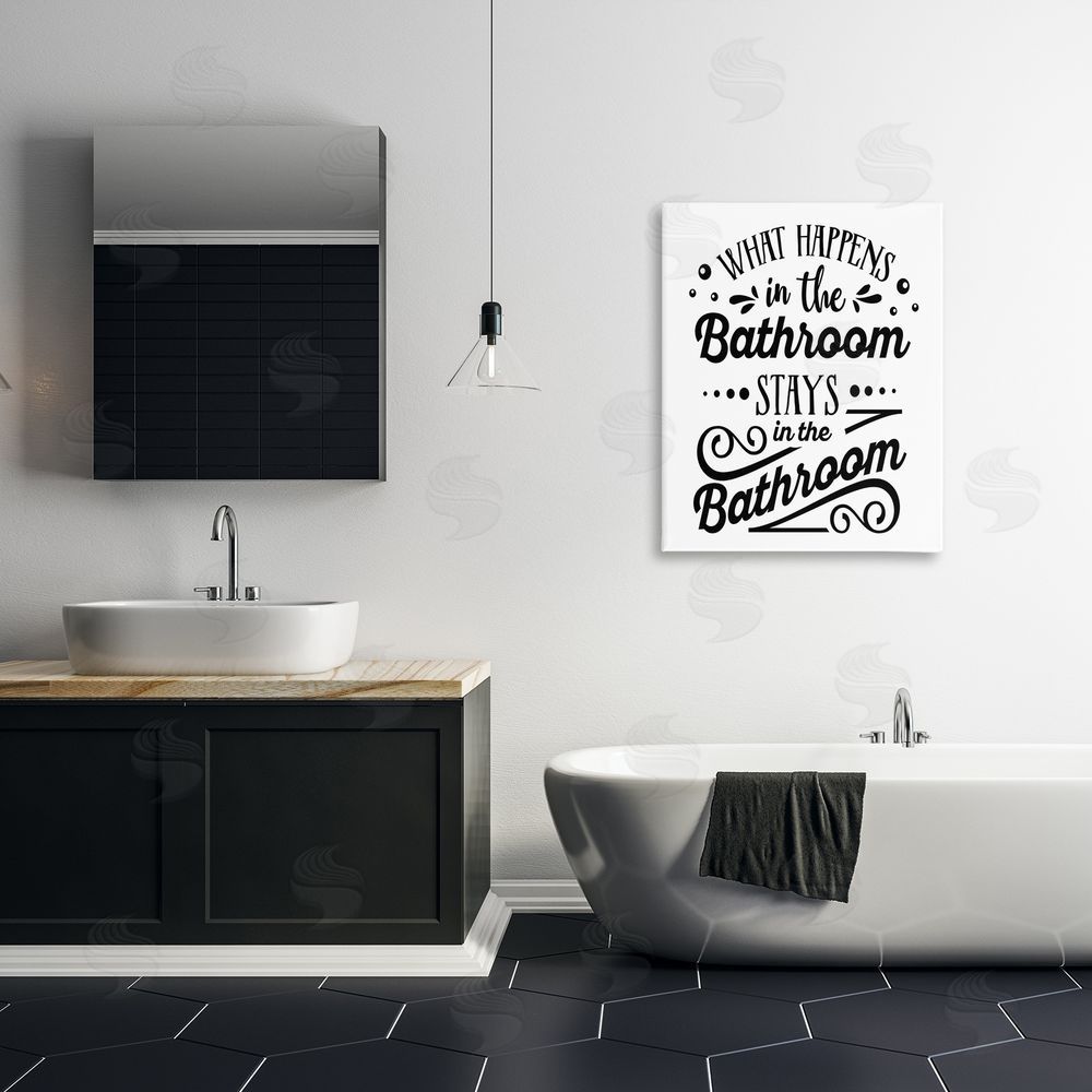 Lettered and Lined What Happens In Bathroom Silly Decorated Typography  Canvas Wall Art Print in Room