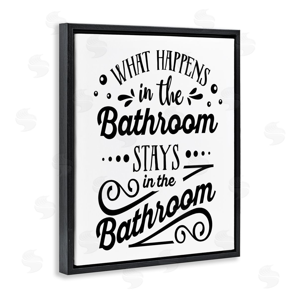 Lettered and Lined What Happens In Bathroom Silly Decorated Typography  Black Floating Frame Canvas Wall Art Print