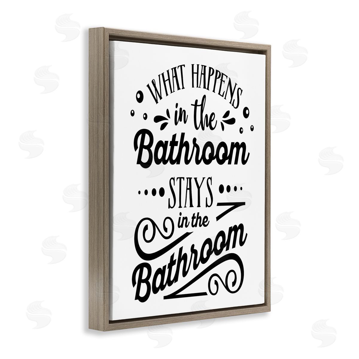 Lettered and Lined What Happens In Bathroom Silly Decorated Typography  Brown Floating Frame Canvas Wall Art Print
