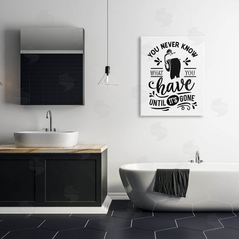 Lettered and Lined Silly Bathroom Humor Fancy Typography Toilet Paper Canvas Wall Art Print in Room