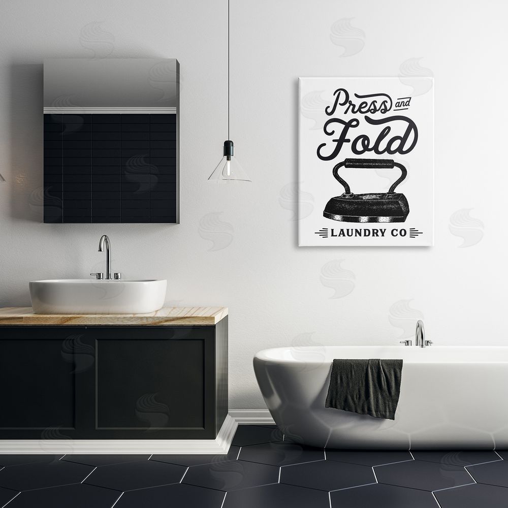 Lettered and Lined Press & Fold Antique Iron Laundry Lettering Phrase  Canvas Wall Art Print in Room