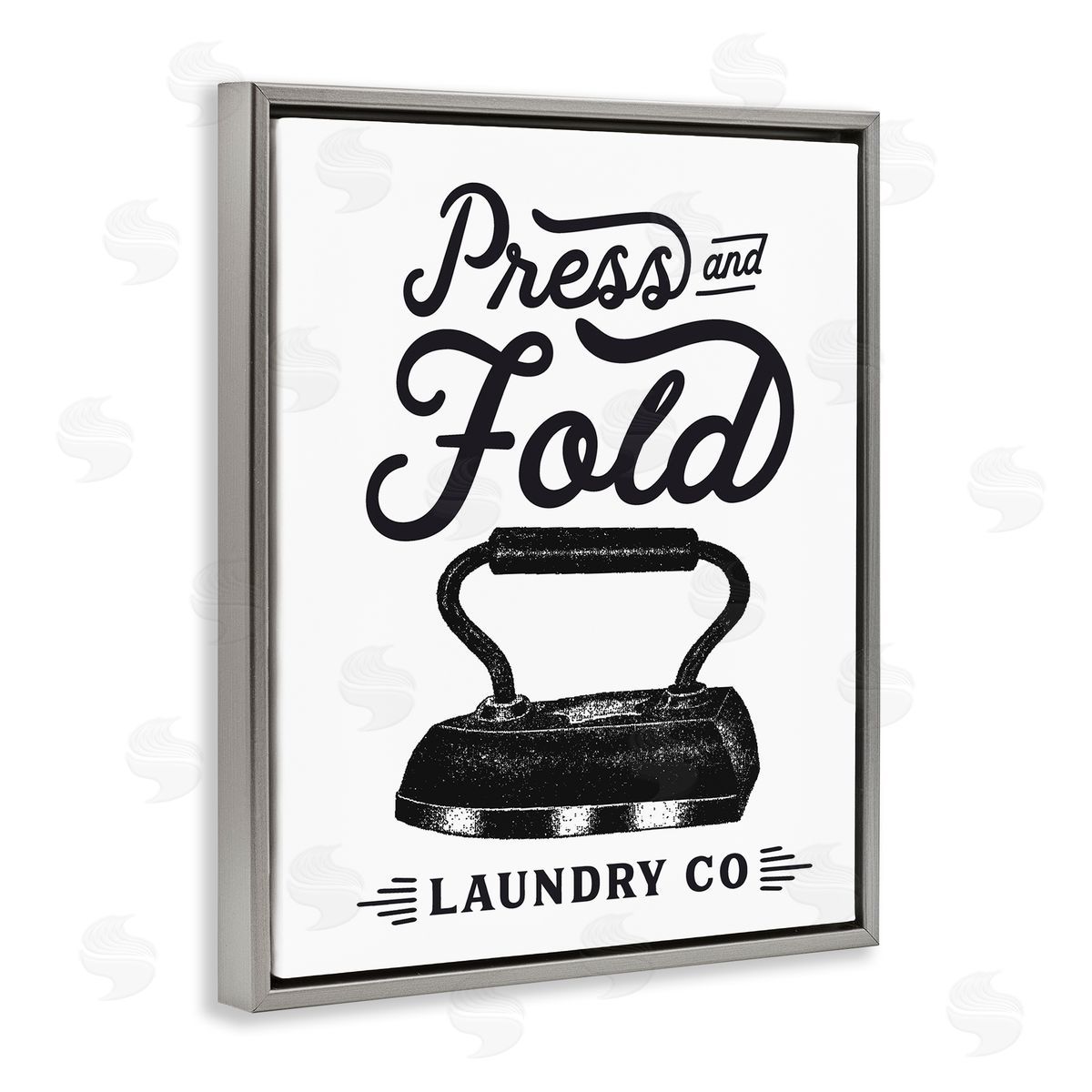 Lettered and Lined Press & Fold Antique Iron Laundry Lettering Phrase  Gray Floating Frame Canvas Wall Art Print