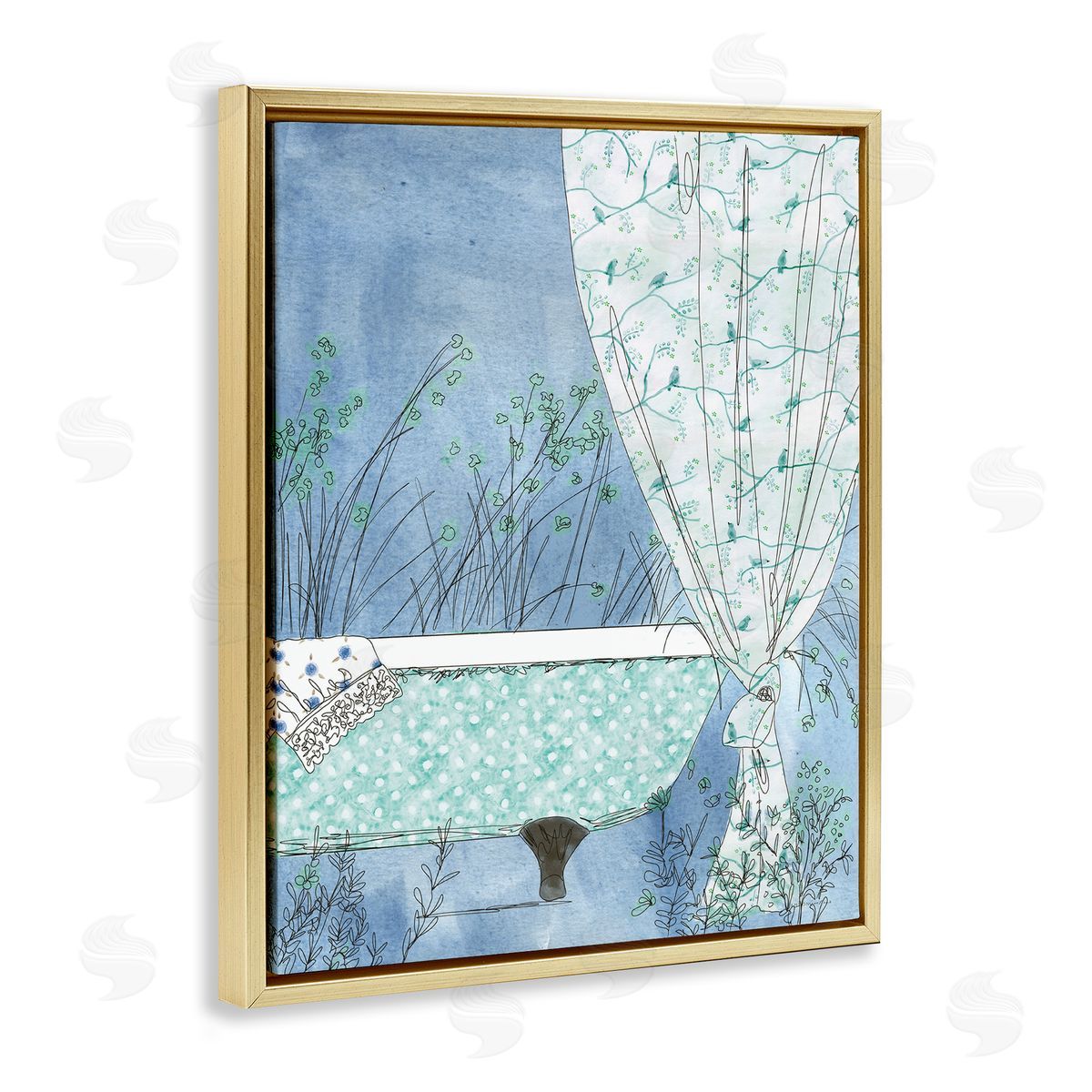 Kamdon Kreations Delicate Bathroom Claw Tub Curtain Floral Blossom  Gold Floating Frame Canvas Wall Art Print