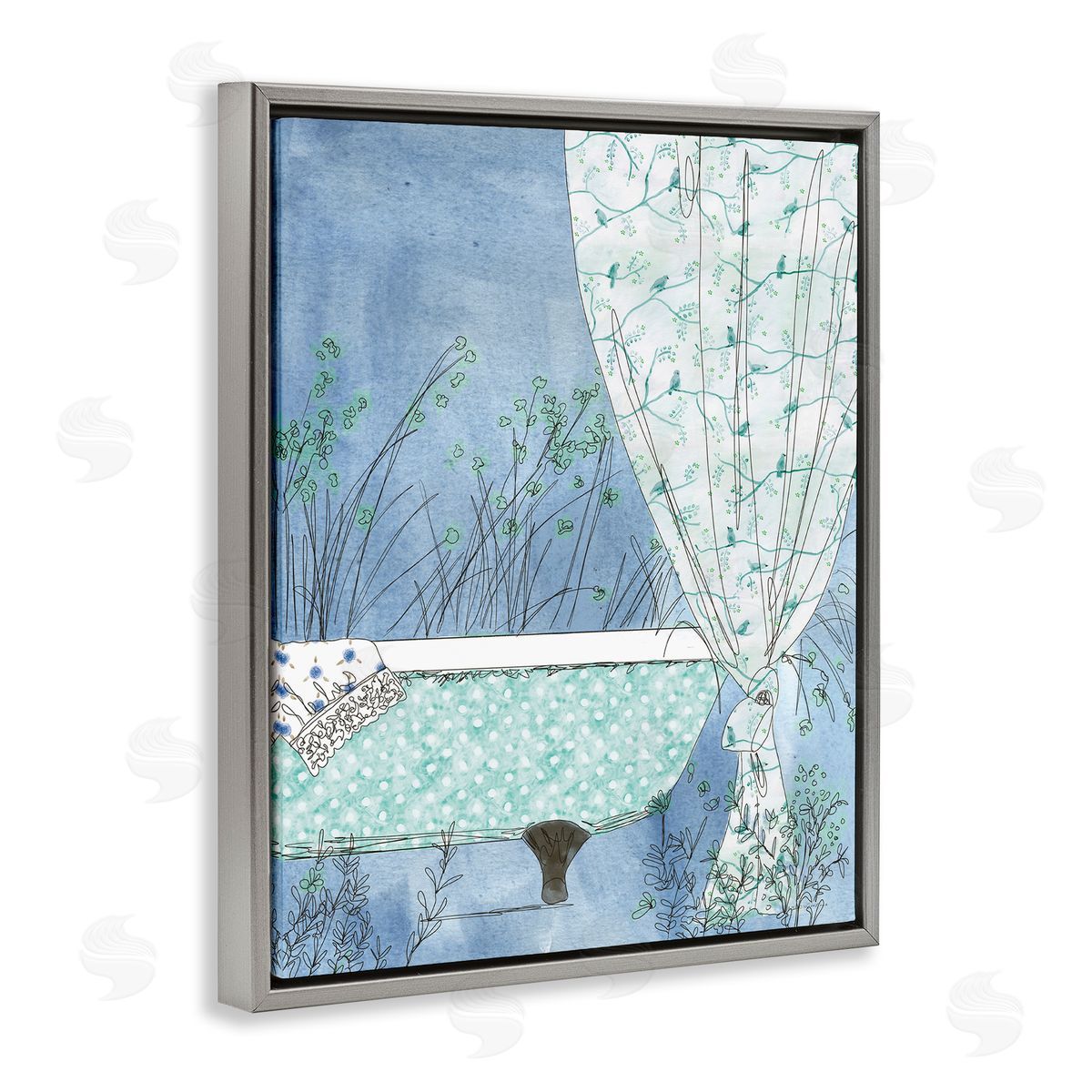 Kamdon Kreations Delicate Bathroom Claw Tub Curtain Floral Blossom  Gray Floating Frame Canvas Wall Art Print