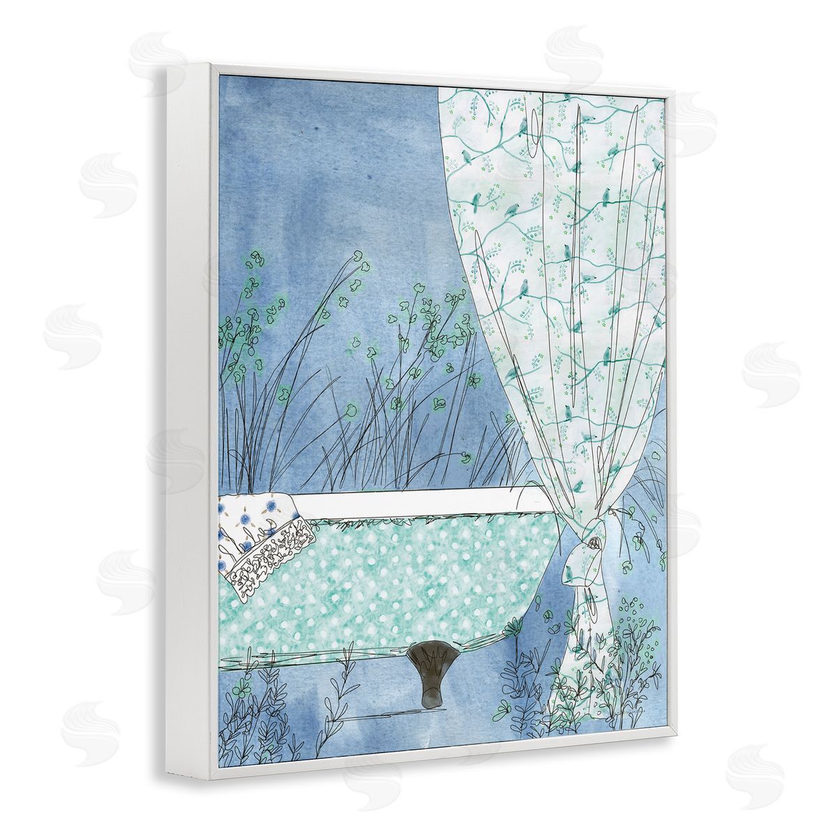 Kamdon Kreations Delicate Bathroom Claw Tub Curtain Floral Blossom  White Framed Giclee Wall Art Print