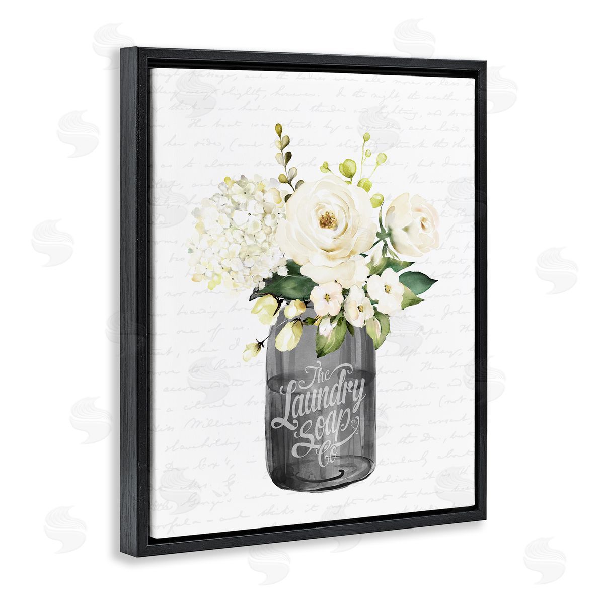 Lettered and Lined White Flower Blossoms Laundry Jar Fancy Script Black Floating Frame Canvas Wall Art Print