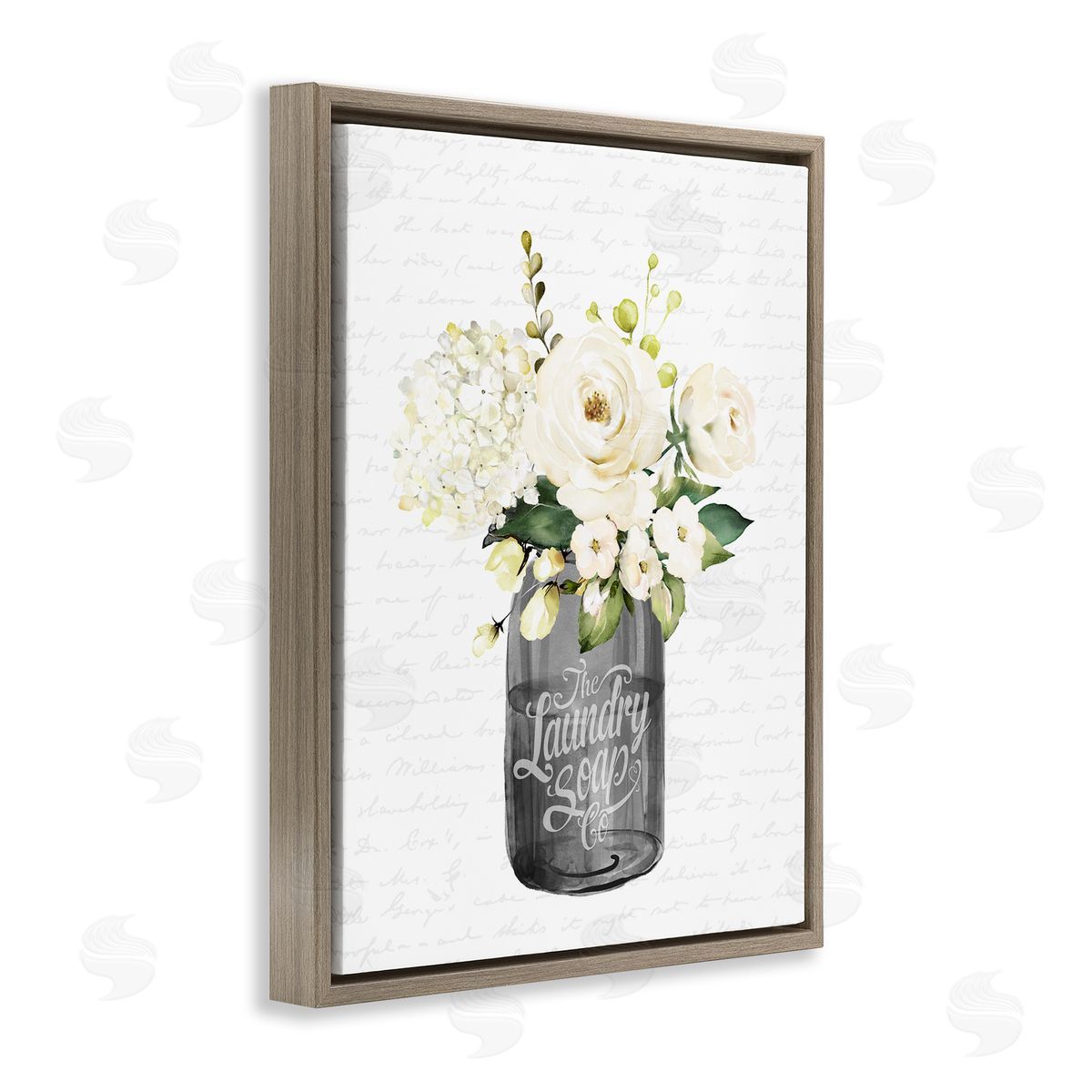 Lettered and Lined White Flower Blossoms Laundry Jar Fancy Script Brown Floating Frame Canvas Wall Art Print