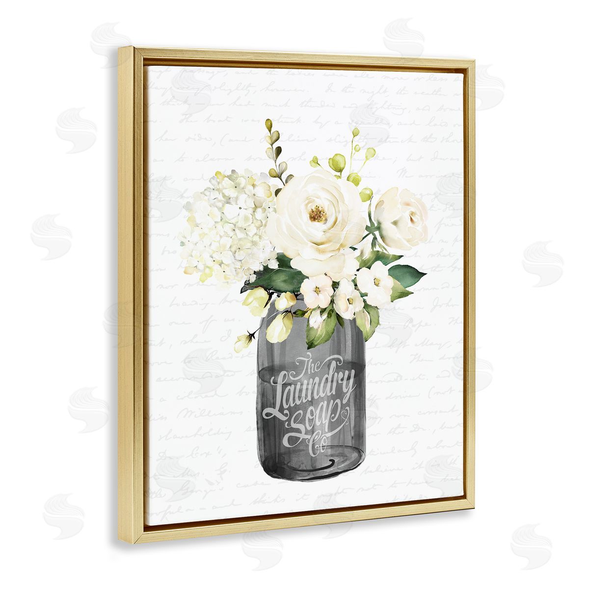 Lettered and Lined White Flower Blossoms Laundry Jar Fancy Script Gold Floating Frame Canvas Wall Art Print