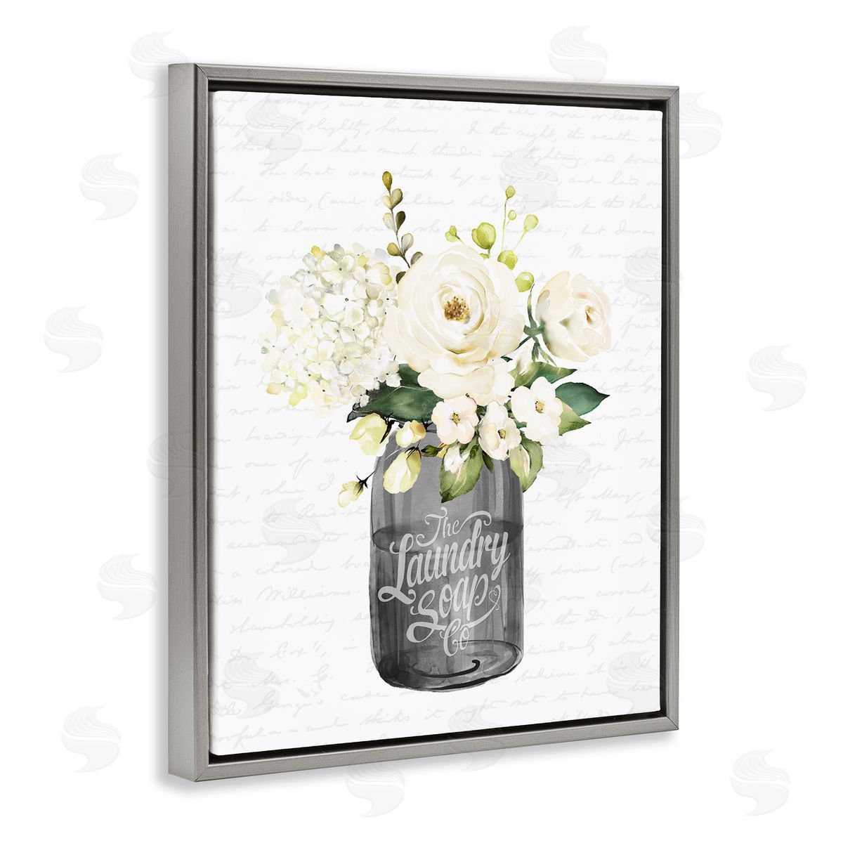 Lettered and Lined White Flower Blossoms Laundry Jar Fancy Script Gray Floating Frame Canvas Wall Art Print