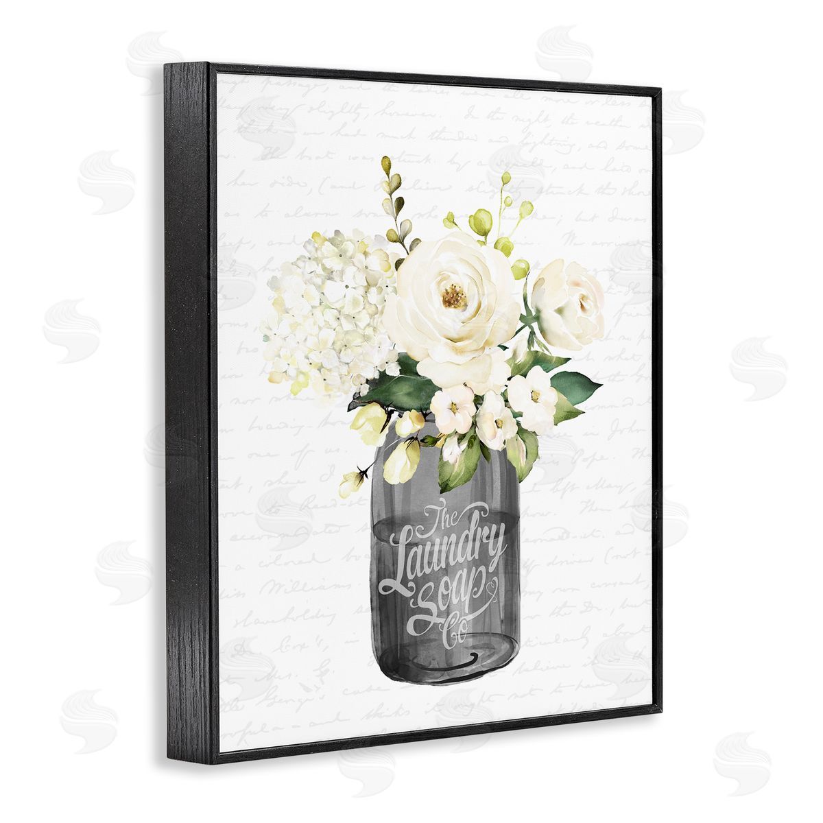 Lettered and Lined White Flower Blossoms Laundry Jar Fancy Script Black Framed Giclee Wall Art Print