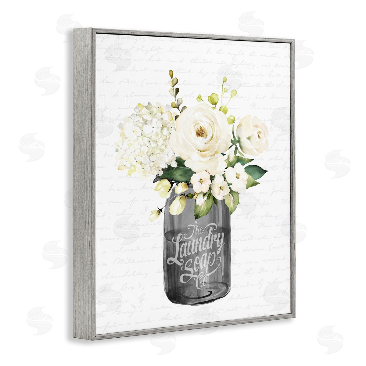 Lettered and Lined White Flower Blossoms Laundry Jar Fancy Script Gray Framed Giclee Wall Art Print