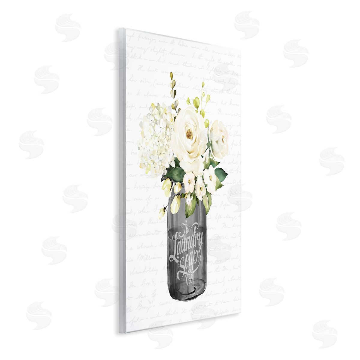 Lettered and Lined White Flower Blossoms Laundry Jar Fancy Script Wall Plaque Art Print