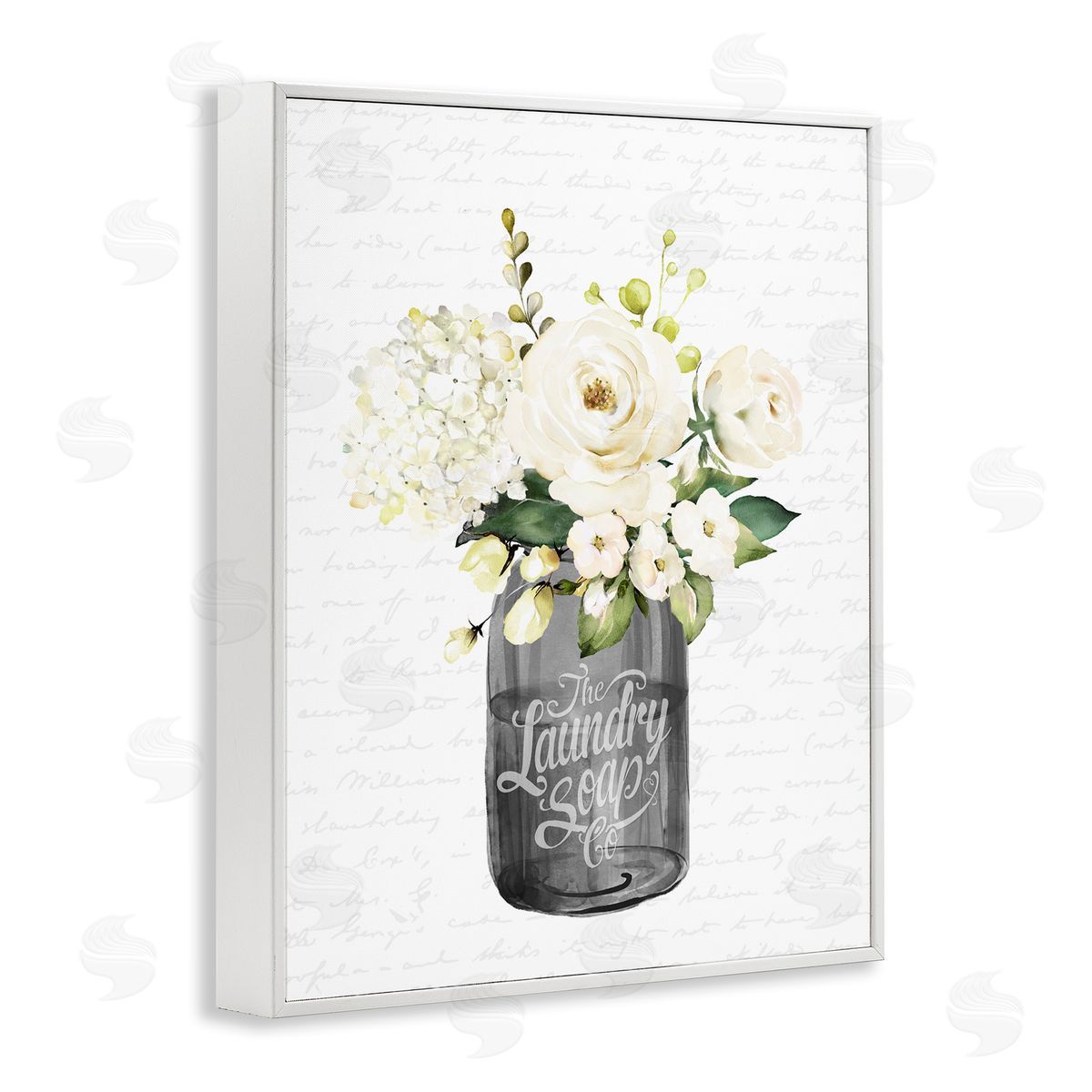 Lettered and Lined White Flower Blossoms Laundry Jar Fancy Script White Framed Giclee Wall Art Print