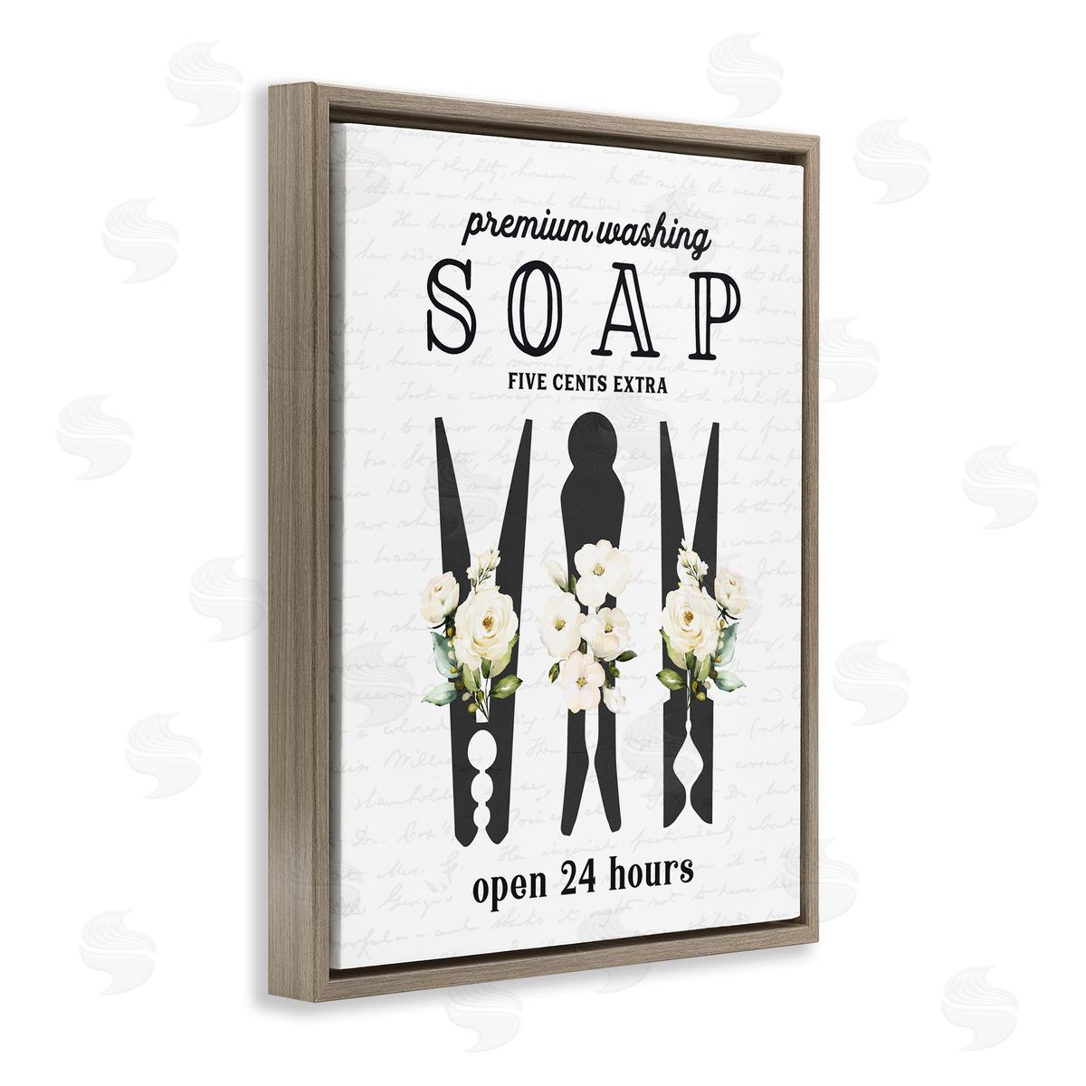 Lettered and Lined Floral Clothespin Silhouettes Laundry Room Script Sign Brown Floating Frame Canvas Wall Art Print