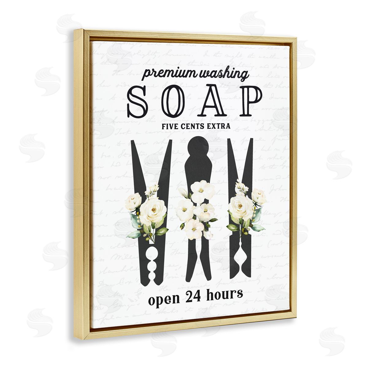 Lettered and Lined Floral Clothespin Silhouettes Laundry Room Script Sign Gold Floating Frame Canvas Wall Art Print