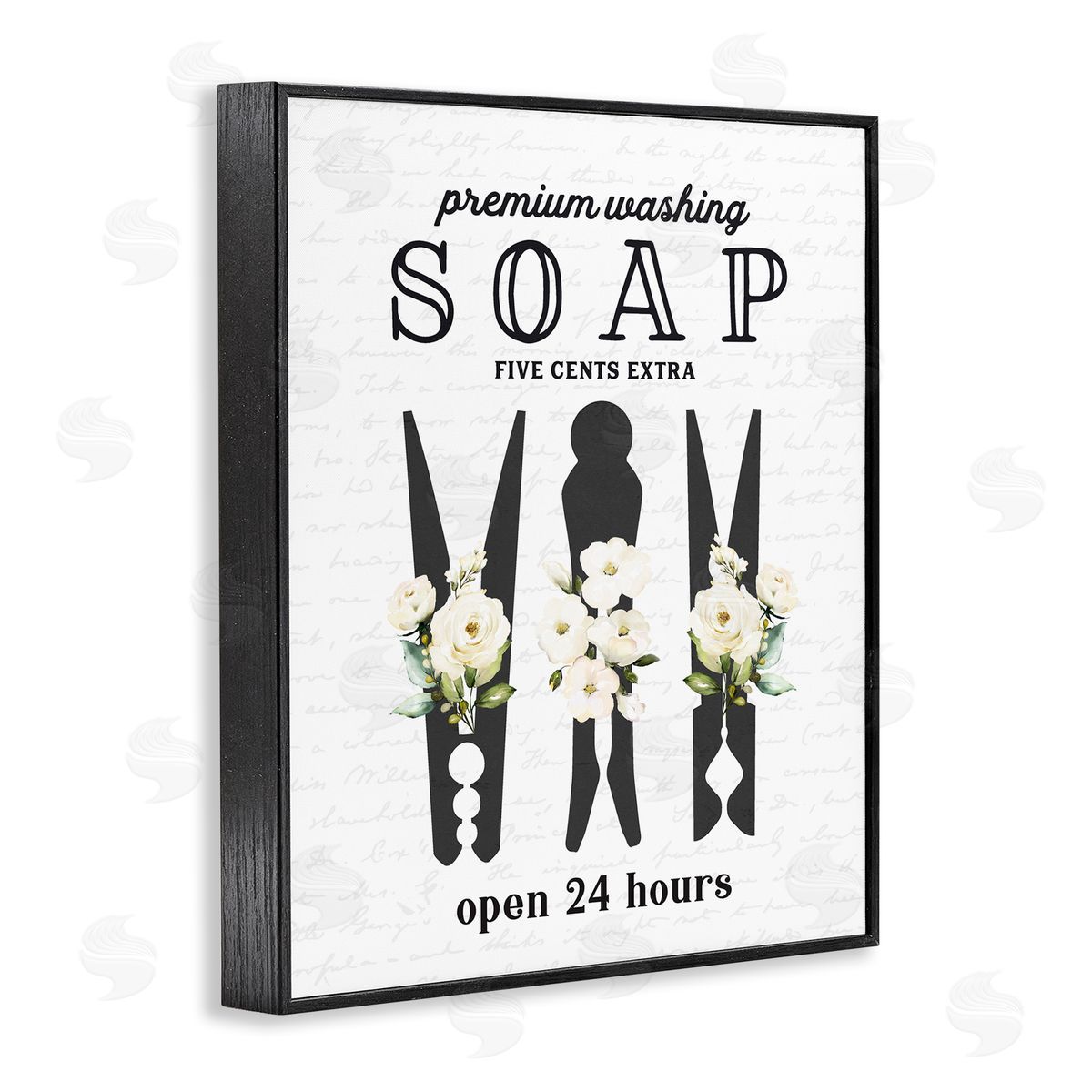 Lettered and Lined Floral Clothespin Silhouettes Laundry Room Script Sign Black Framed Giclee Wall Art Print