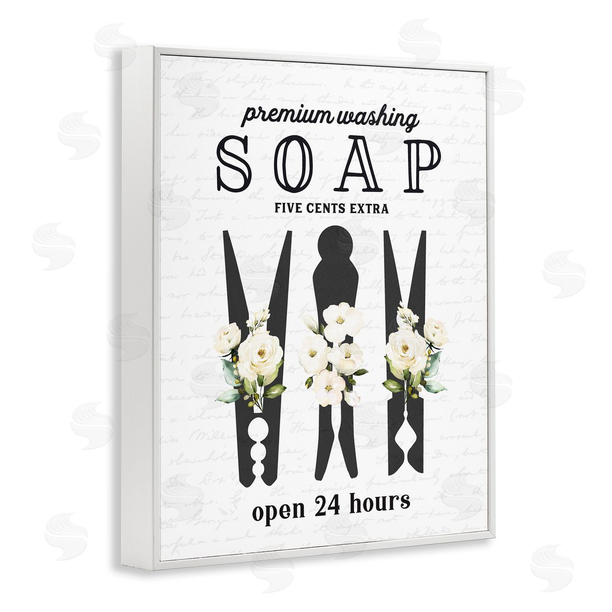 Lettered and Lined Floral Clothespin Silhouettes Laundry Room Script Sign White Framed Giclee Wall Art Print