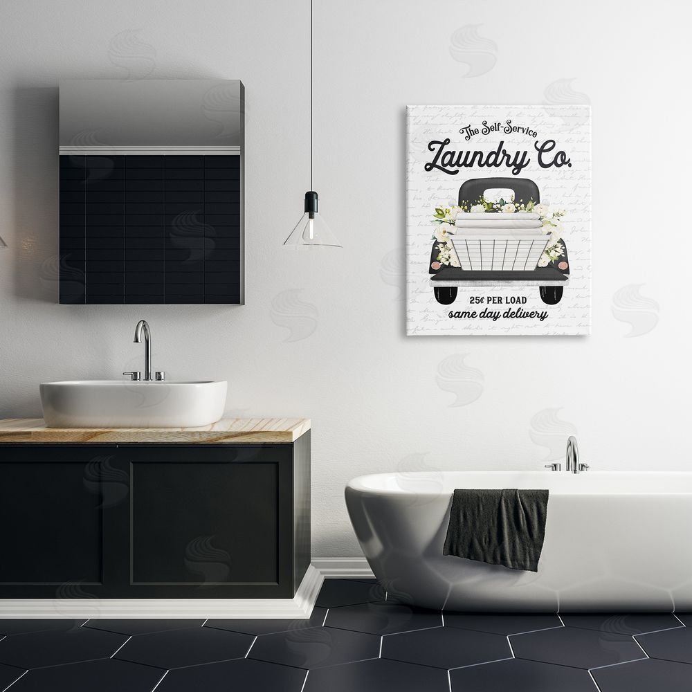 Lettered and Lined Laundry Co. White Flower Bouquet Truck Service  Canvas Wall Art Print in Room