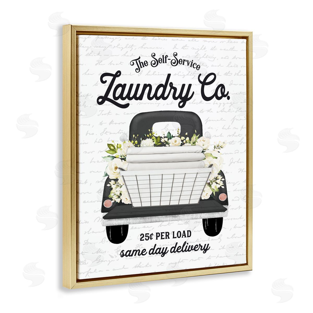 Lettered and Lined Laundry Co. White Flower Bouquet Truck Service  Gold Floating Frame Canvas Wall Art Print