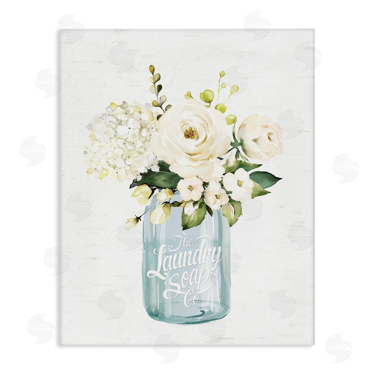 Lettered and Lined White Floral Bouquet Vintage Laundry Text Jar Stretched Canvas Wall Art Print